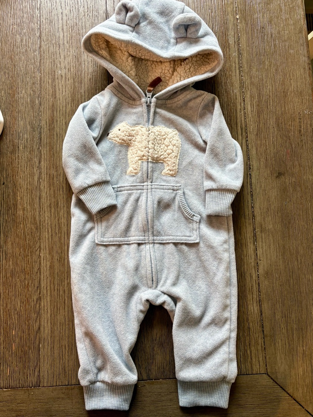 Carter's Light Blue Sherpa Lined Hooded Baby One-Piece with Polar Bear- 3m